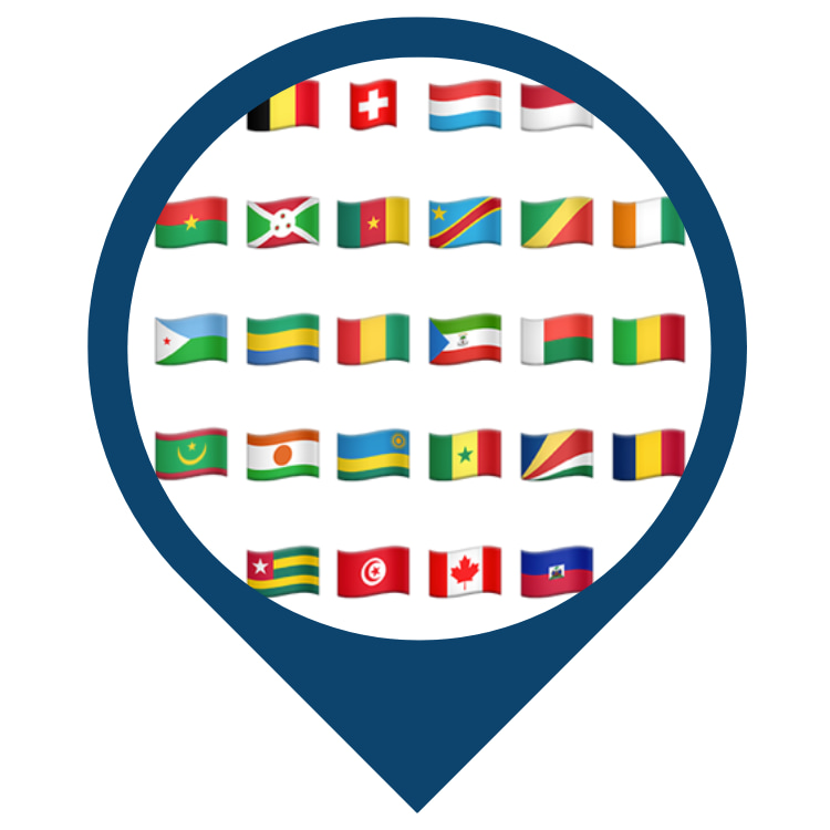 Location icon with flags of French speaking countries.